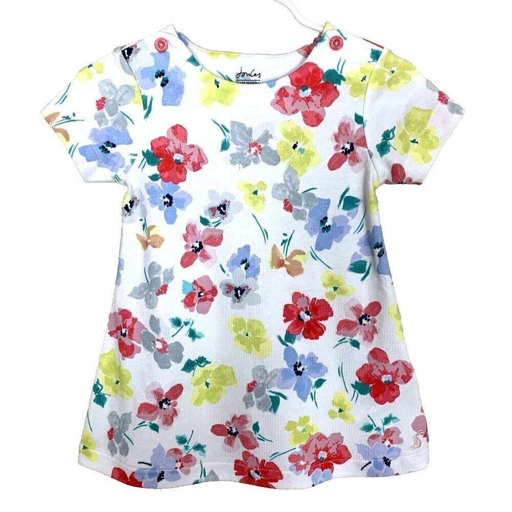 Joules Short Sleeve Knit Dress Floral White Colorful Preppy Girls 9-12 Months